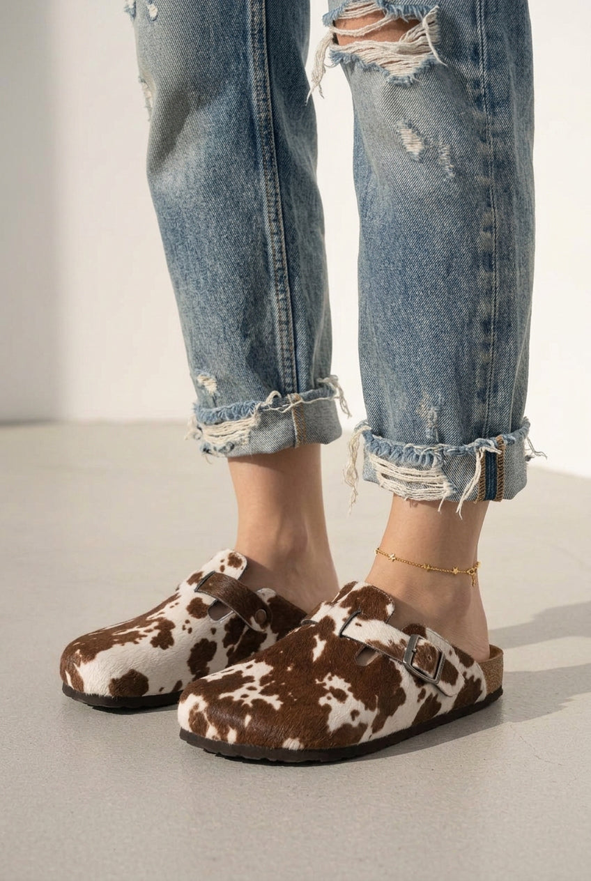 MABEL COW HIDE SLIP ON MULE CLOGS