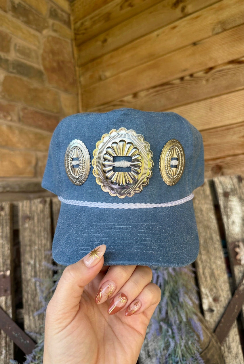 WAYLON DENIM TRIPLE CONCHO TRUCKER HAT