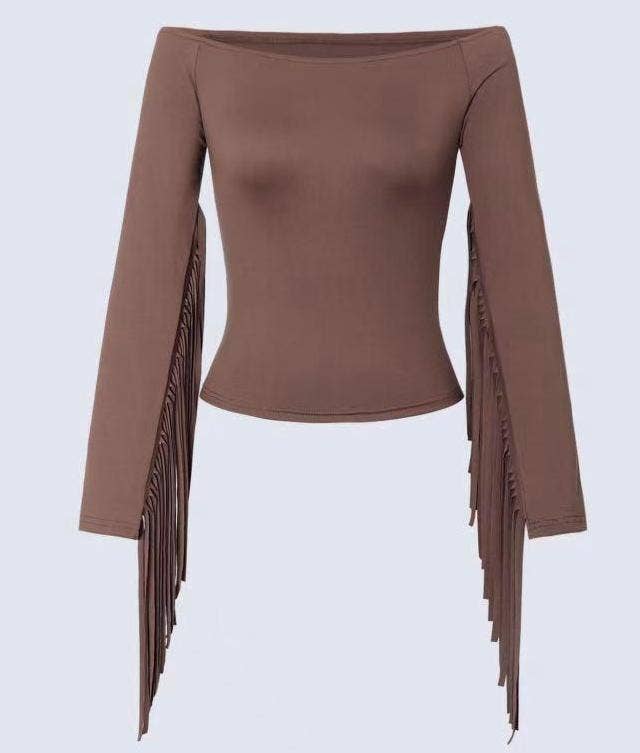 LORETTA OFF SHOULDER FRINGE SLEEVE TOP-BROWN
