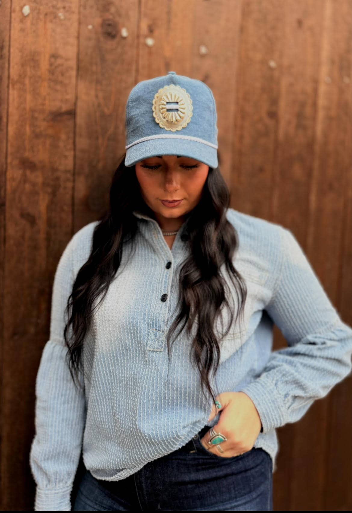STELLA JEAN DENIM CONCHO TRUCKER HAT