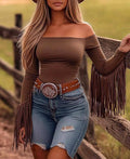 LORETTA OFF SHOULDER FRINGE SLEEVE TOP-BROWN