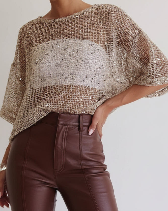 STEVIE RAE OVERSIZED SEQUIN TOP-BEIGE