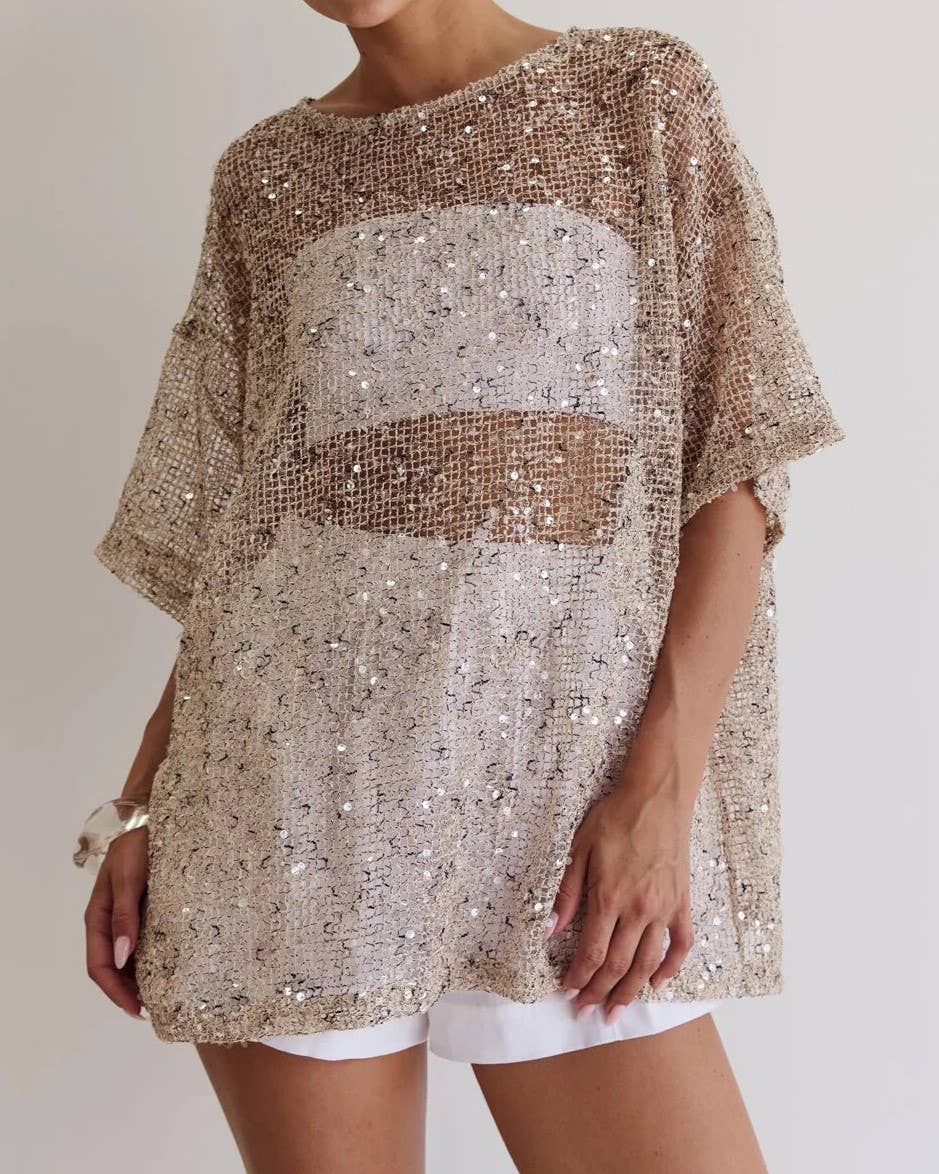 STEVIE RAE OVERSIZED SEQUIN TOP-BEIGE