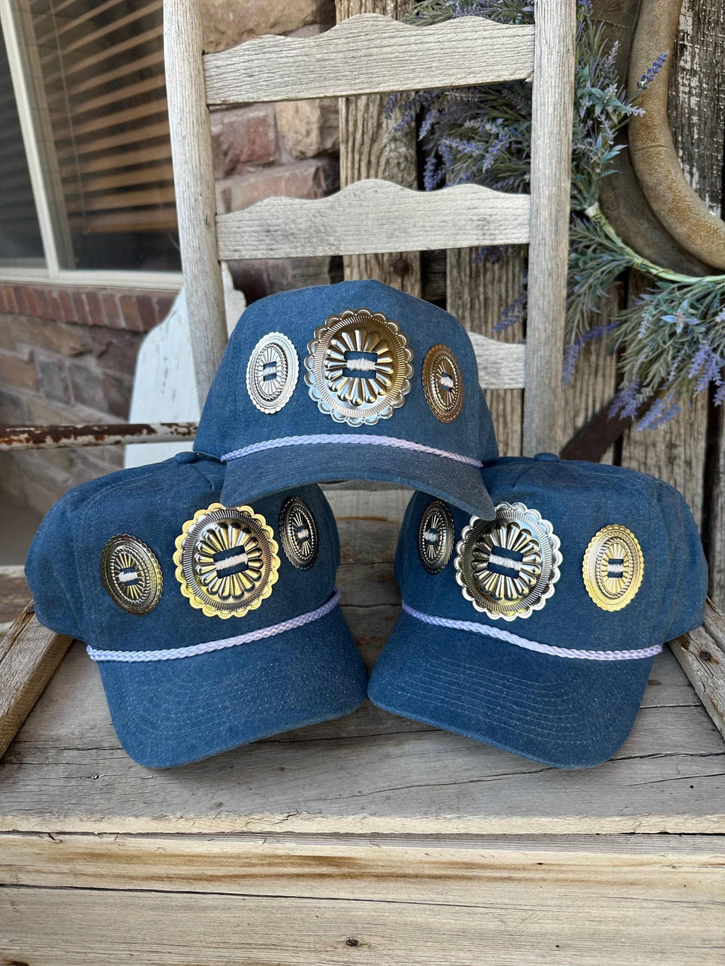 WAYLON DENIM TRIPLE CONCHO TRUCKER HAT