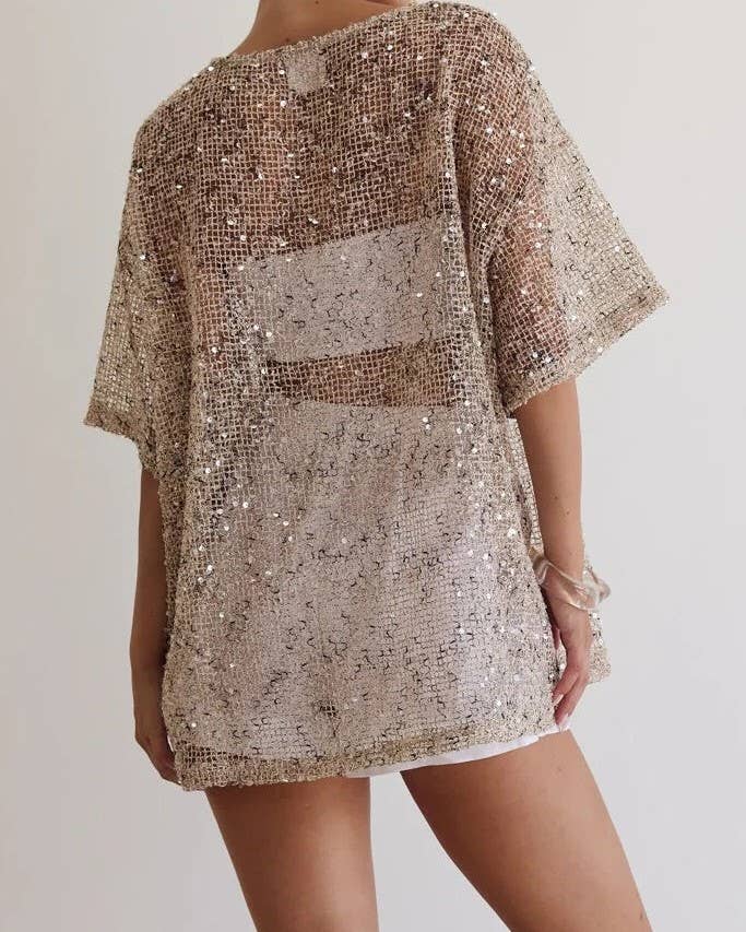 STEVIE RAE OVERSIZED SEQUIN TOP-BEIGE