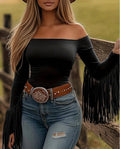 LORETTA OFF SHOULDER FRINGE SLEEVE TOP- BLACK