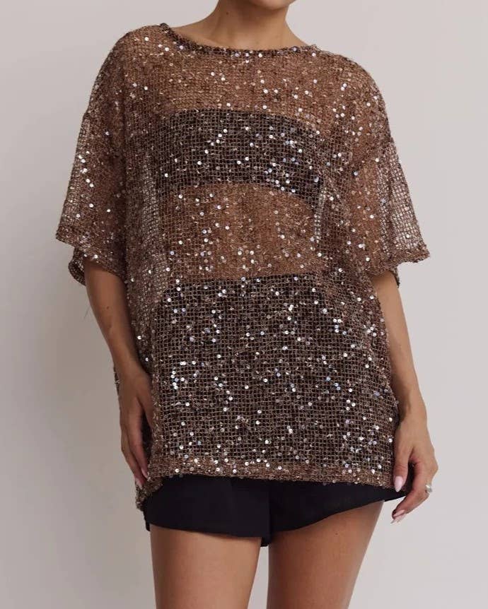 STEVIE RAE OVERSIZED SEQUIN TOP- CHOCOLATE
