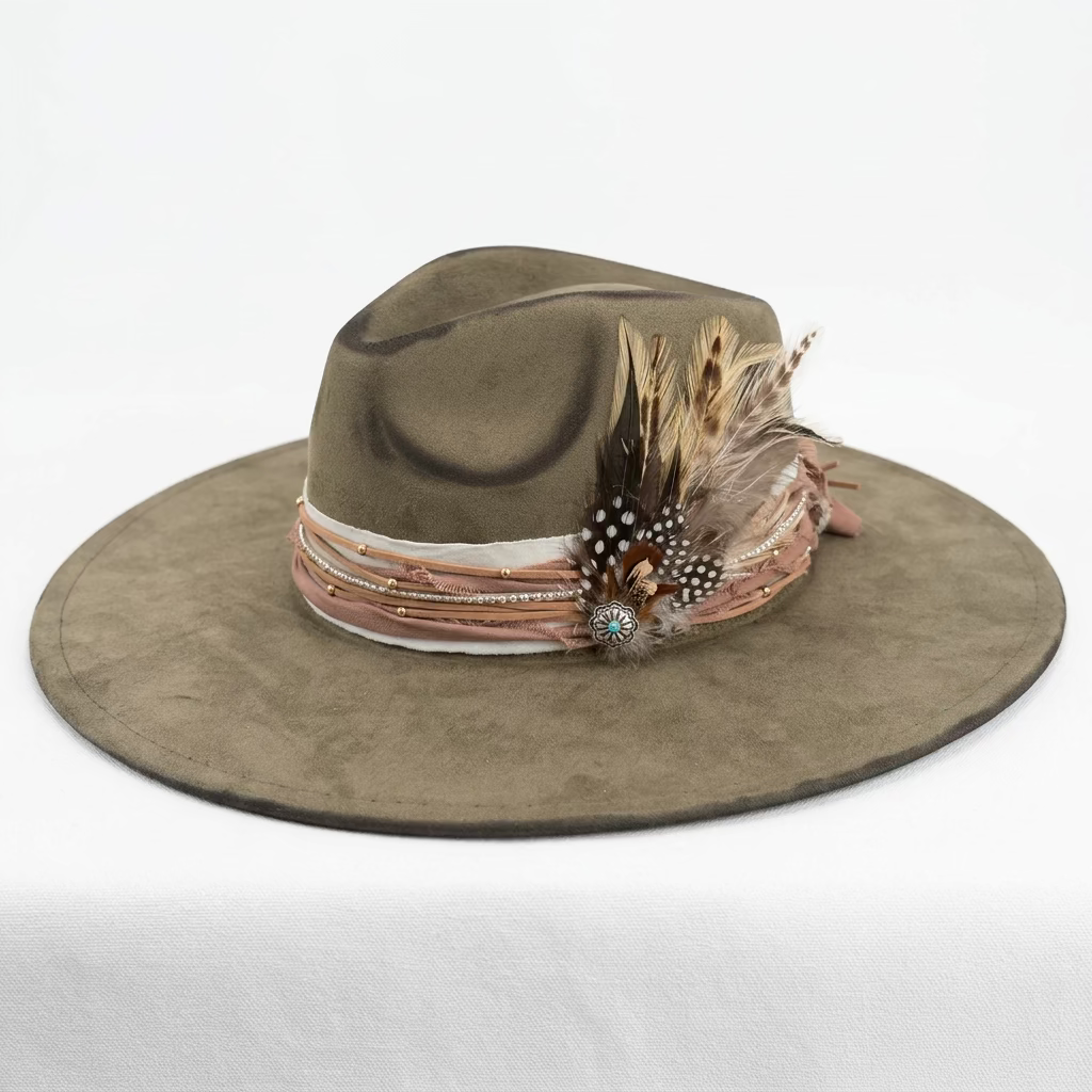 OLLIE JUNE DISTRESSED FEATHER HAT