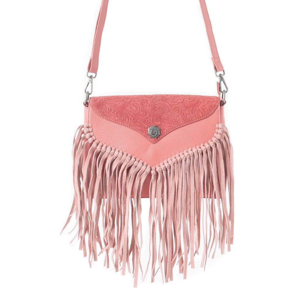 PRESCILLA TOOLED LEATHER FRINGE CROSSBODY BAG