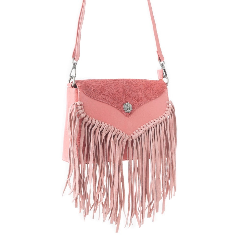 PRESCILLA TOOLED LEATHER FRINGE CROSSBODY BAG