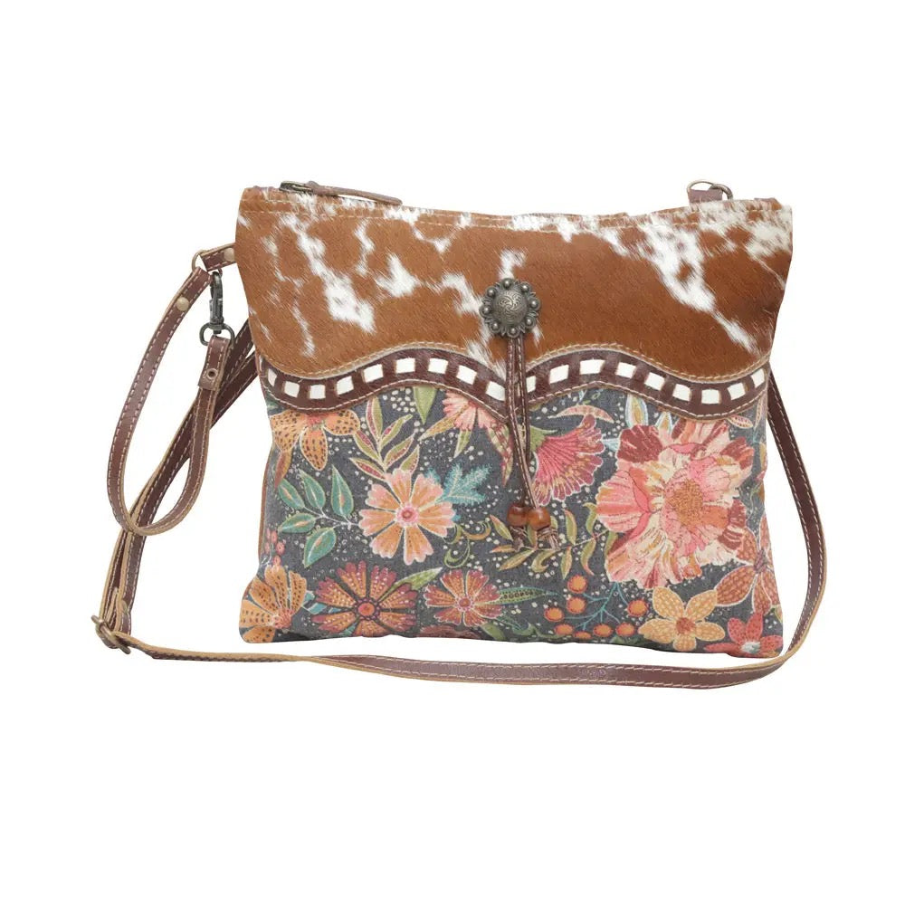 CHARLENE COW HIDE & FLORAL BAG