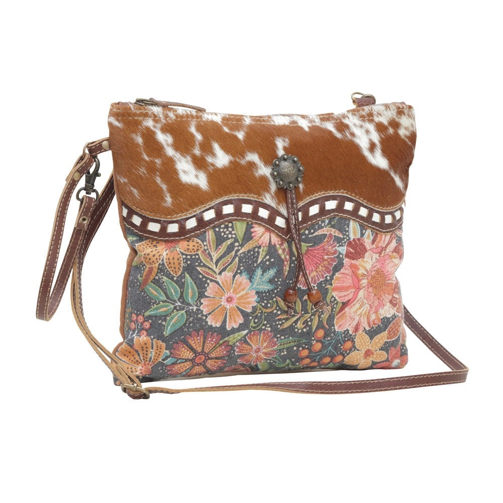 CHARLENE COW HIDE & FLORAL BAG