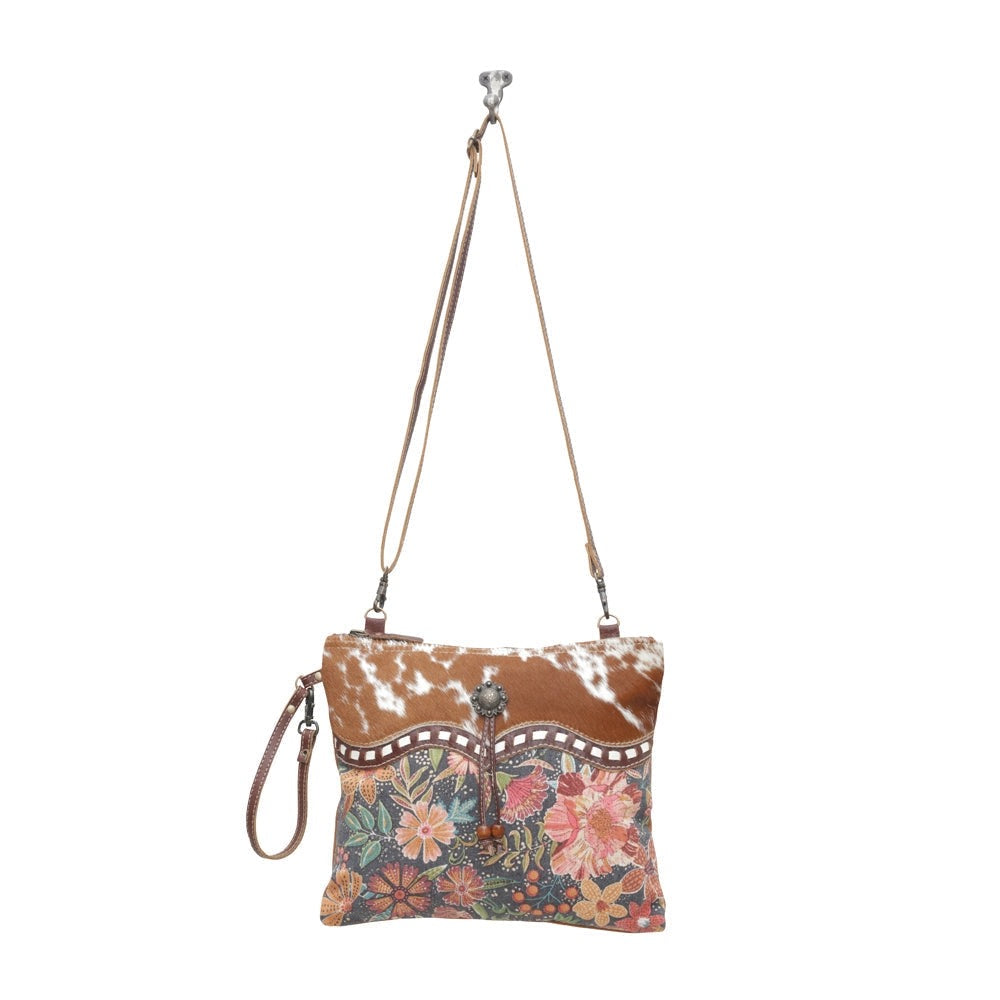 CHARLENE COW HIDE & FLORAL BAG