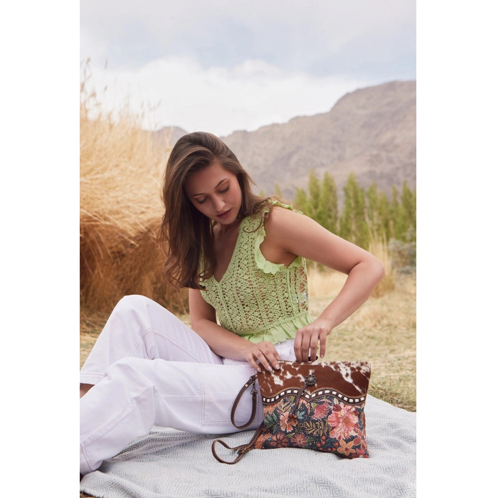 CHARLENE COW HIDE & FLORAL BAG