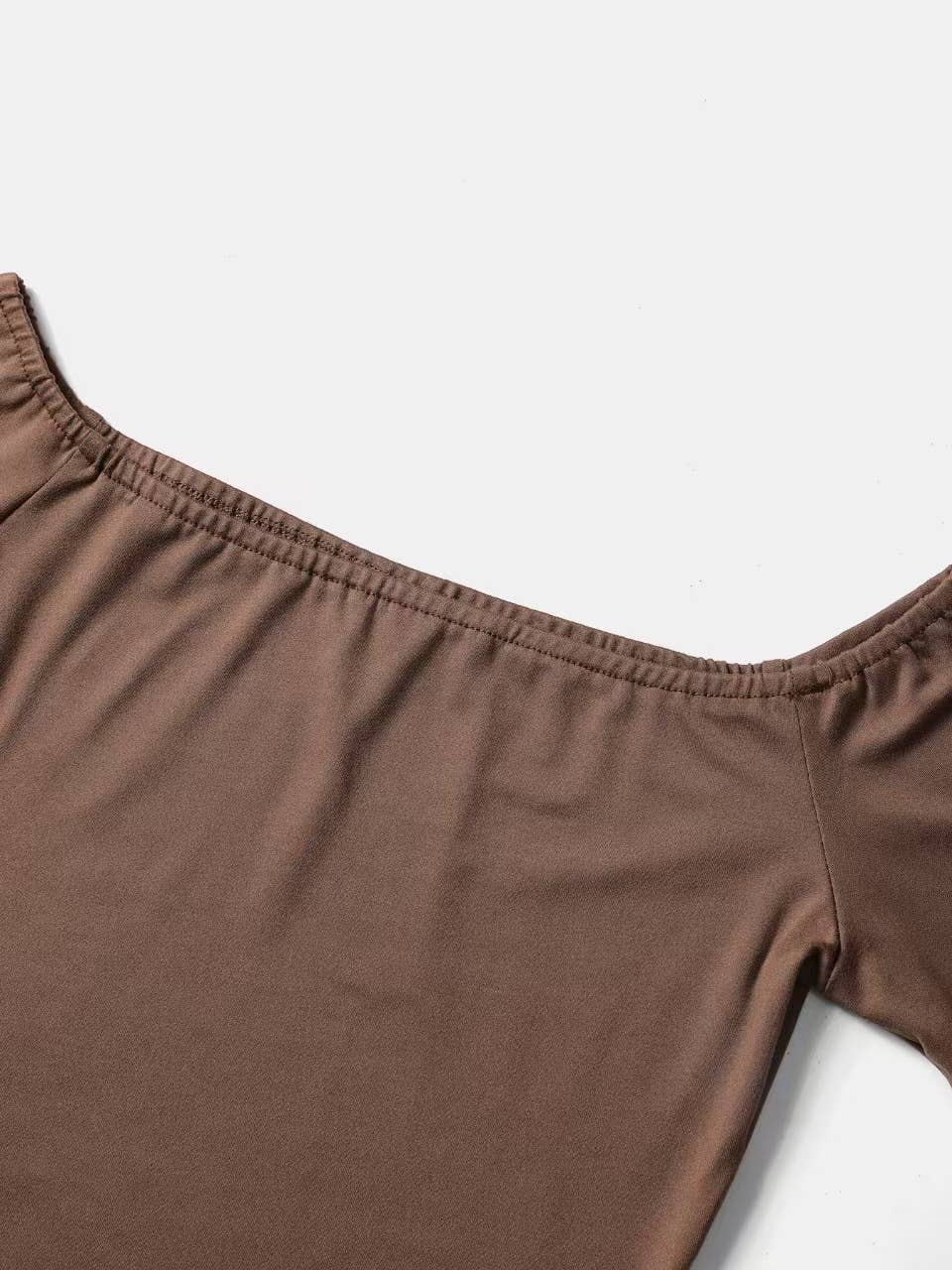 LORETTA OFF SHOULDER FRINGE SLEEVE TOP-BROWN