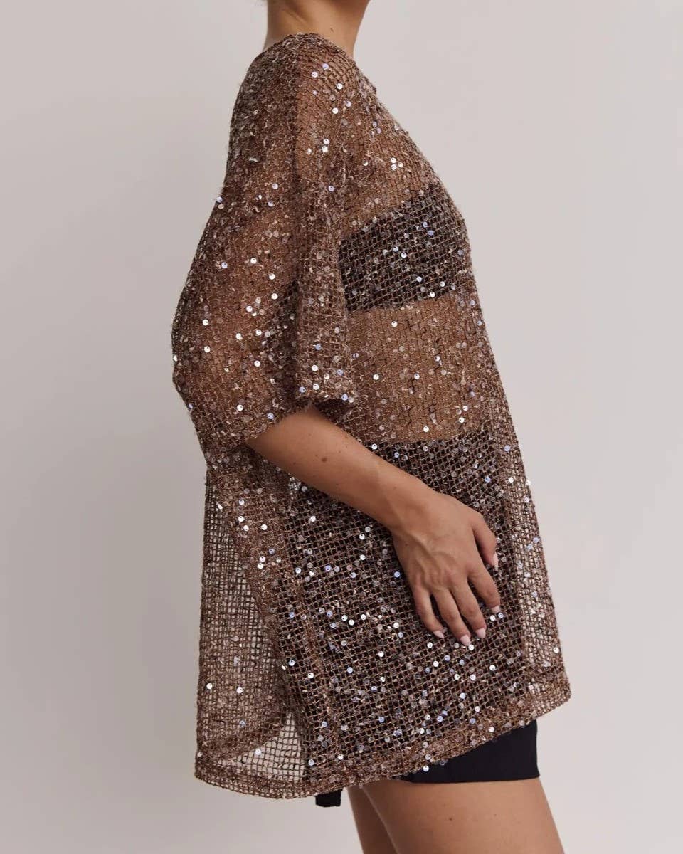 STEVIE RAE OVERSIZED SEQUIN TOP- CHOCOLATE